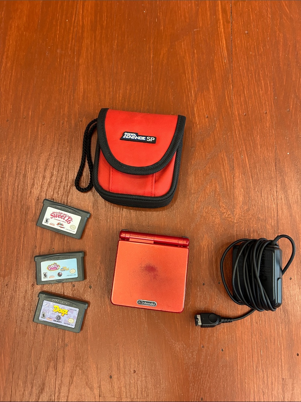 Vintage Nintendo Red Game Boy Advance SP with Charger, Case & 3 Games